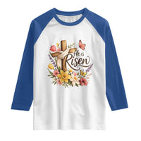 He Is Risen Floral Cross Christian Easter Raglan Shirt Spring Flowers Butterfly Faith Inspirational Gift
