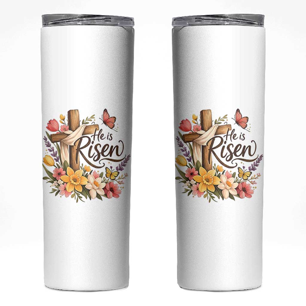 He Is Risen Floral Cross Christian Easter Skinny Tumbler Spring Flowers Butterfly Faith Inspirational Gift