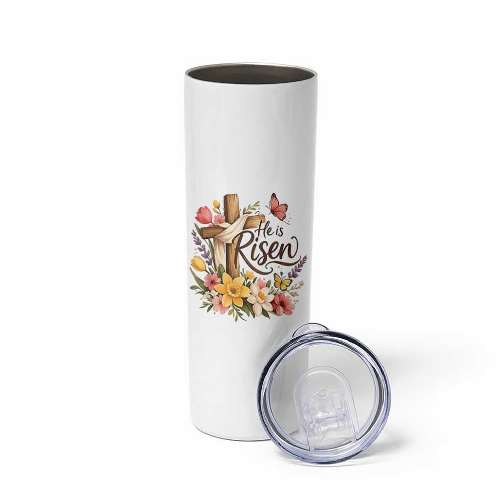 He Is Risen Floral Cross Christian Easter Skinny Tumbler Spring Flowers Butterfly Faith Inspirational Gift