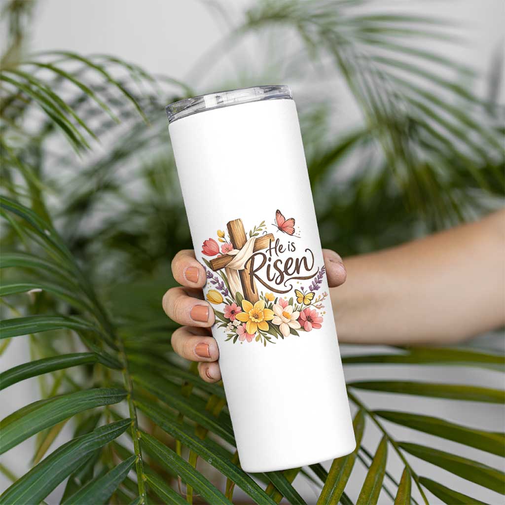 He Is Risen Floral Cross Christian Easter Skinny Tumbler Spring Flowers Butterfly Faith Inspirational Gift