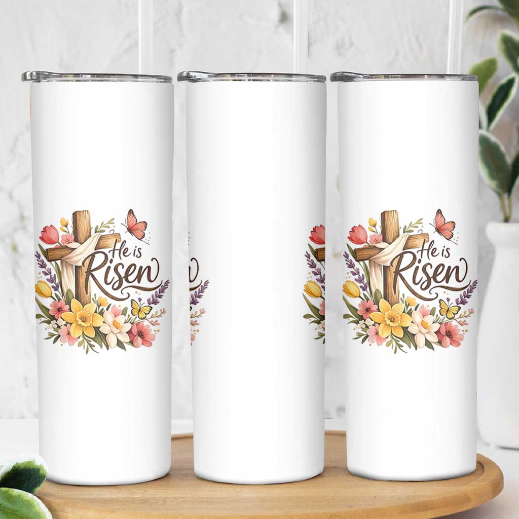 He Is Risen Floral Cross Christian Easter Skinny Tumbler Spring Flowers Butterfly Faith Inspirational Gift