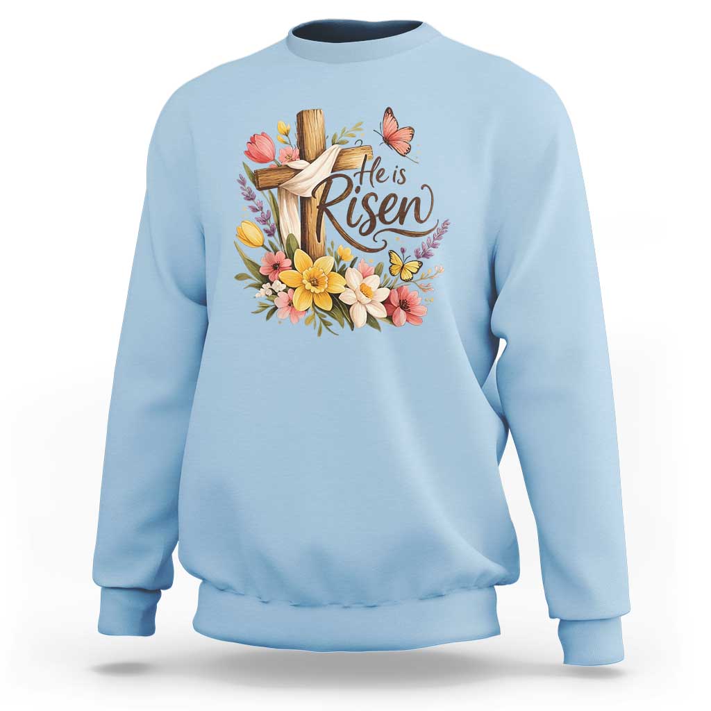 He Is Risen Floral Cross Christian Easter Sweatshirt Spring Flowers Butterfly Faith Inspirational Gift