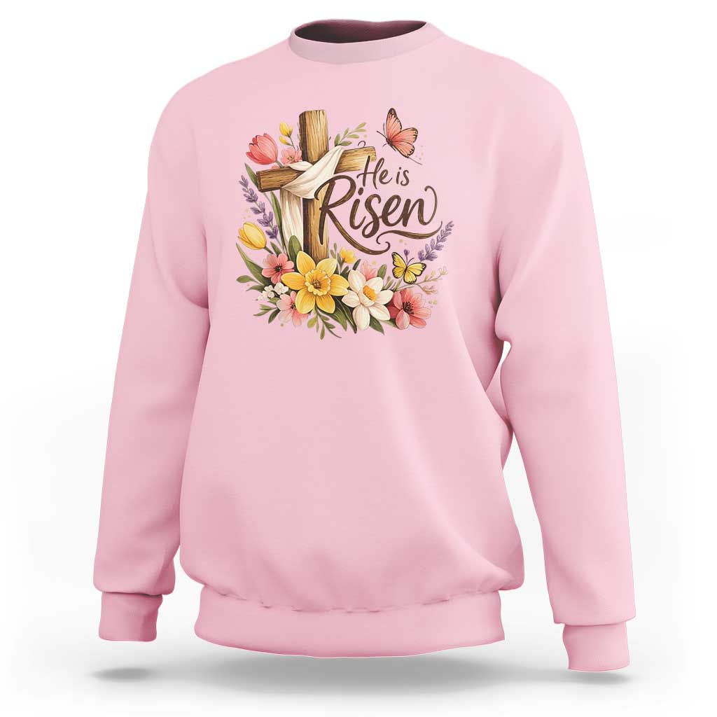 He Is Risen Floral Cross Christian Easter Sweatshirt Spring Flowers Butterfly Faith Inspirational Gift