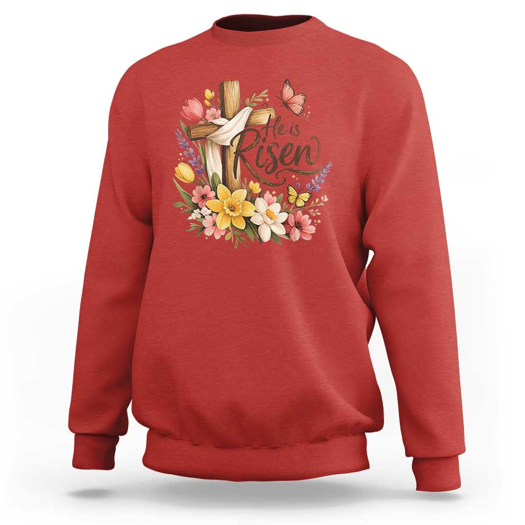 He Is Risen Floral Cross Christian Easter Sweatshirt Spring Flowers Butterfly Faith Inspirational Gift