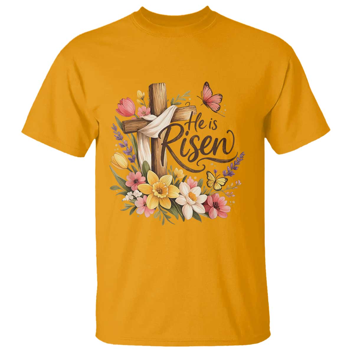 He Is Risen Floral Cross Christian Easter T Shirt Spring Flowers Butterfly Faith Inspirational Gift