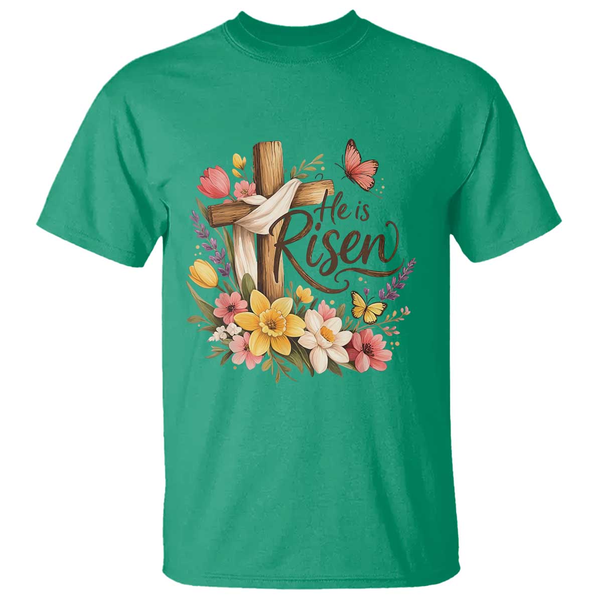 He Is Risen Floral Cross Christian Easter T Shirt Spring Flowers Butterfly Faith Inspirational Gift