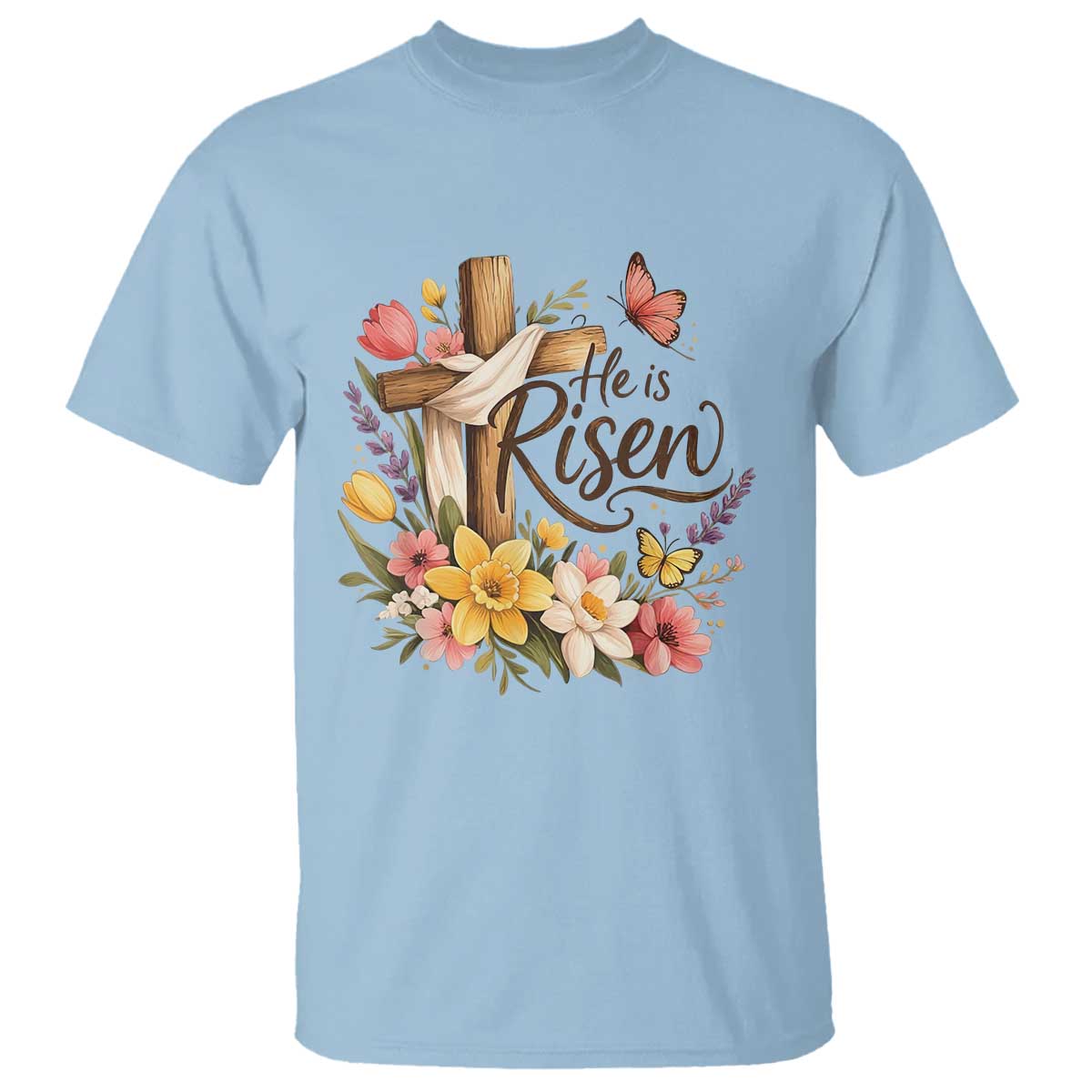 He Is Risen Floral Cross Christian Easter T Shirt Spring Flowers Butterfly Faith Inspirational Gift
