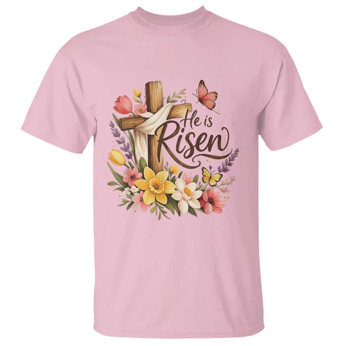 He Is Risen Floral Cross Christian Easter T Shirt Spring Flowers Butterfly Faith Inspirational Gift