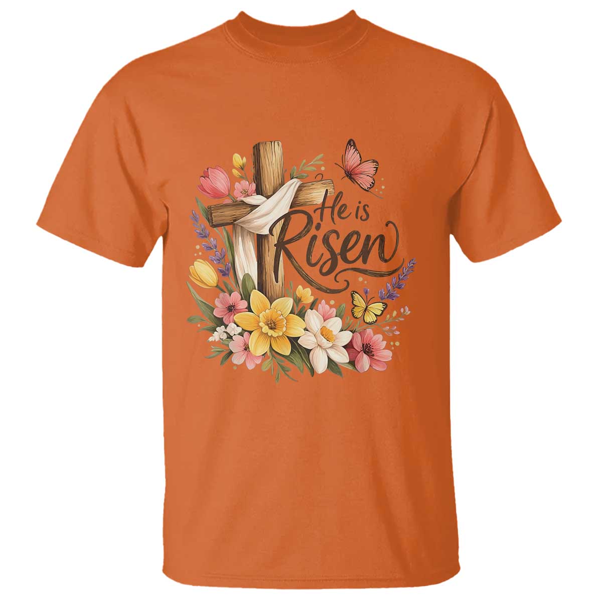 He Is Risen Floral Cross Christian Easter T Shirt Spring Flowers Butterfly Faith Inspirational Gift