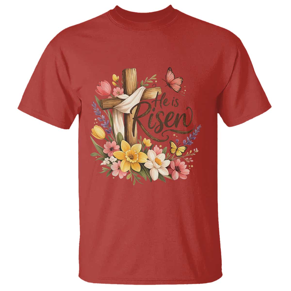 He Is Risen Floral Cross Christian Easter T Shirt Spring Flowers Butterfly Faith Inspirational Gift