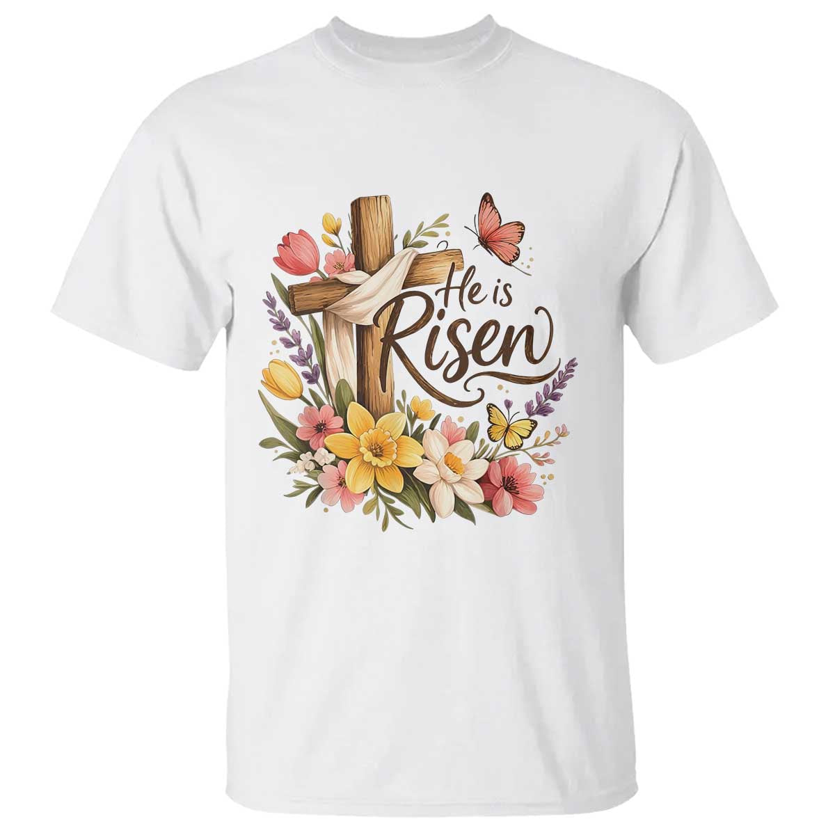 He Is Risen Floral Cross Christian Easter T Shirt Spring Flowers Butterfly Faith Inspirational Gift