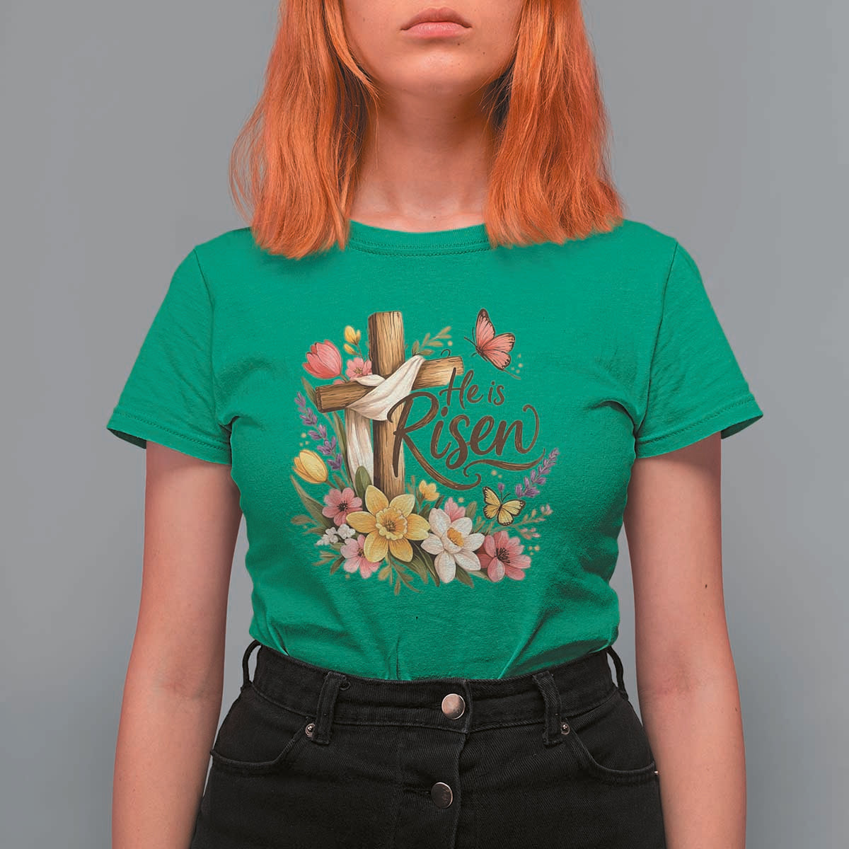 He Is Risen Floral Cross Christian Easter T Shirt For Women Spring Flowers Butterfly Faith Inspirational Gift