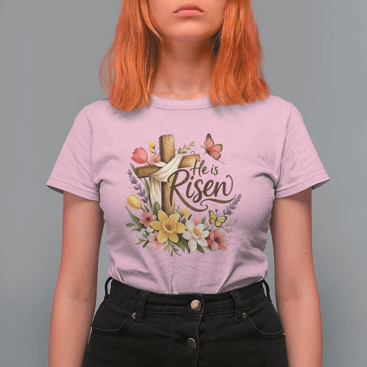 He Is Risen Floral Cross Christian Easter T Shirt For Women Spring Flowers Butterfly Faith Inspirational Gift