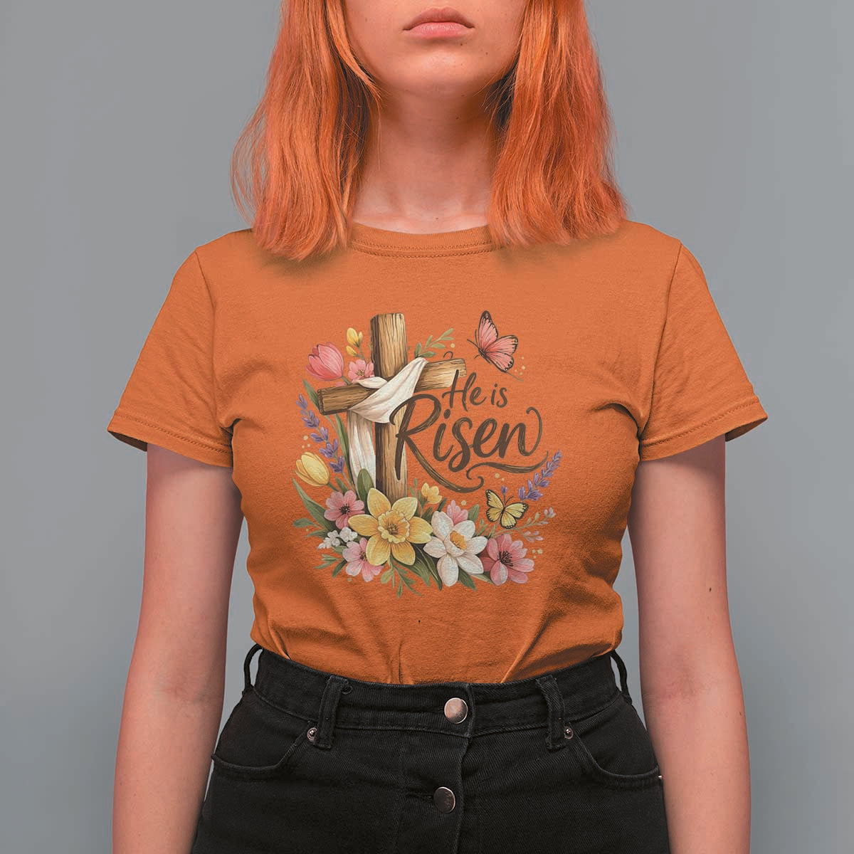 He Is Risen Floral Cross Christian Easter T Shirt For Women Spring Flowers Butterfly Faith Inspirational Gift