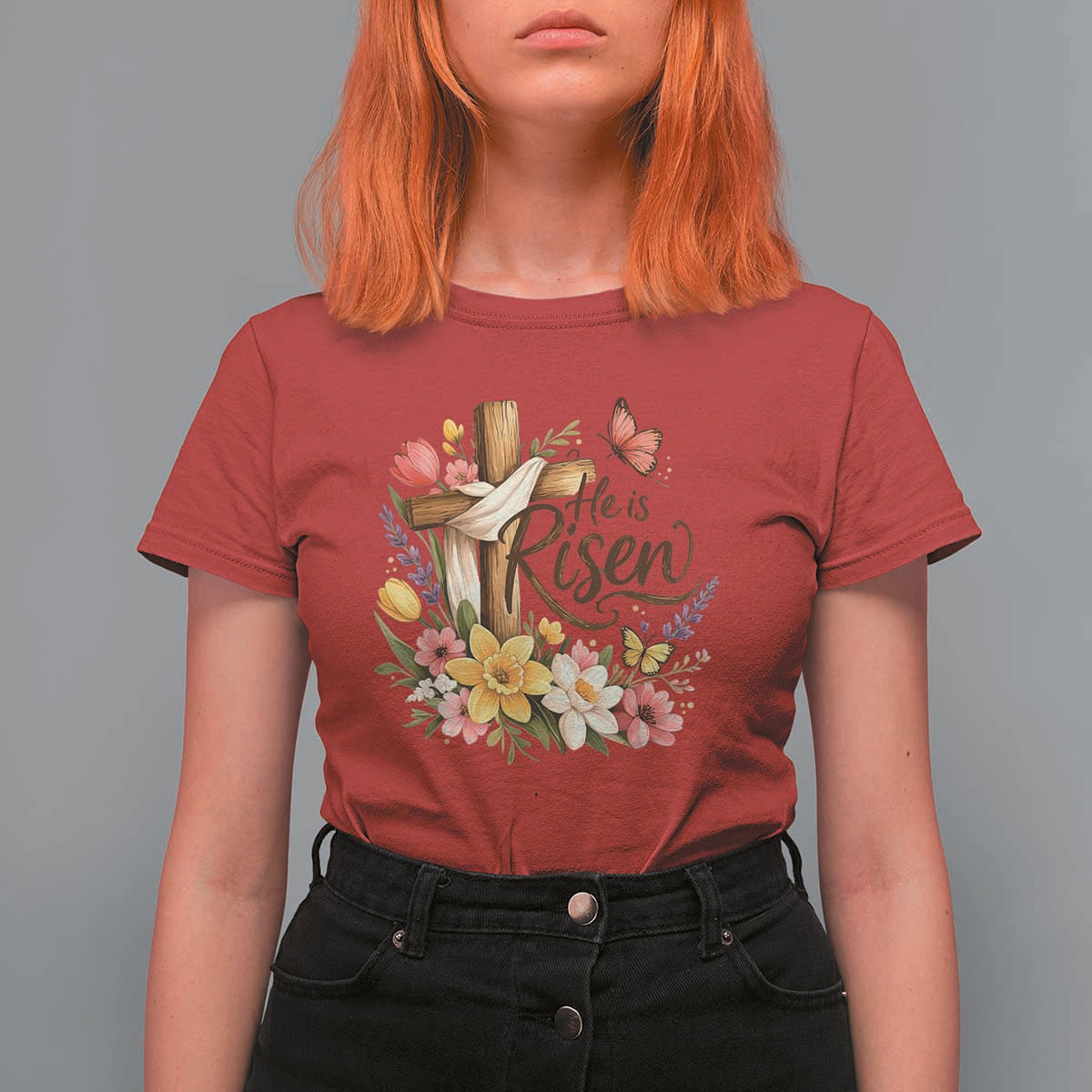 He Is Risen Floral Cross Christian Easter T Shirt For Women Spring Flowers Butterfly Faith Inspirational Gift