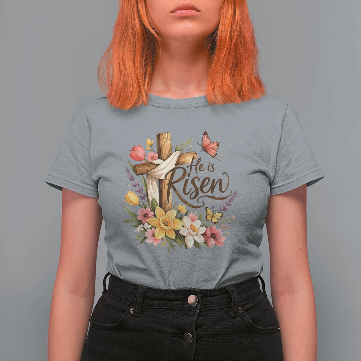He Is Risen Floral Cross Christian Easter T Shirt For Women Spring Flowers Butterfly Faith Inspirational Gift