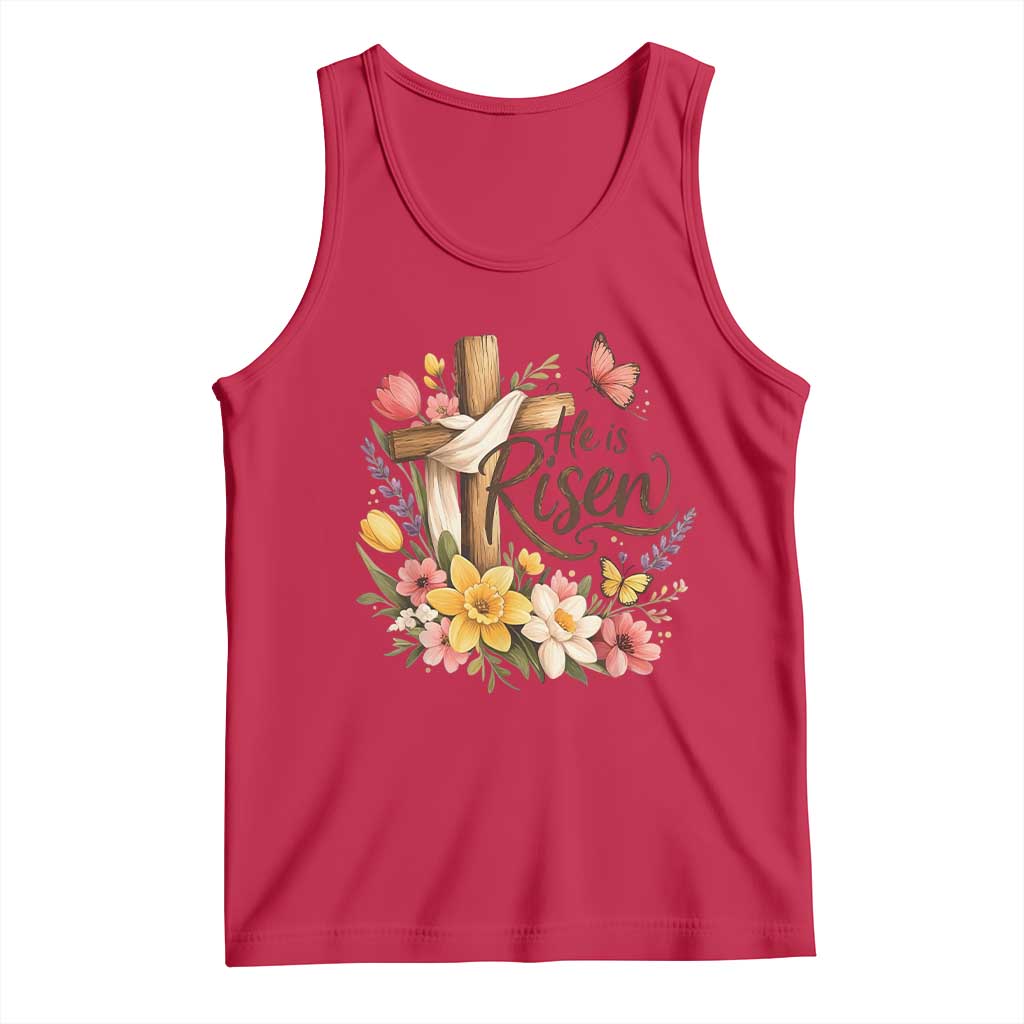 He Is Risen Floral Cross Christian Easter Tank Top Spring Flowers Butterfly Faith Inspirational Gift