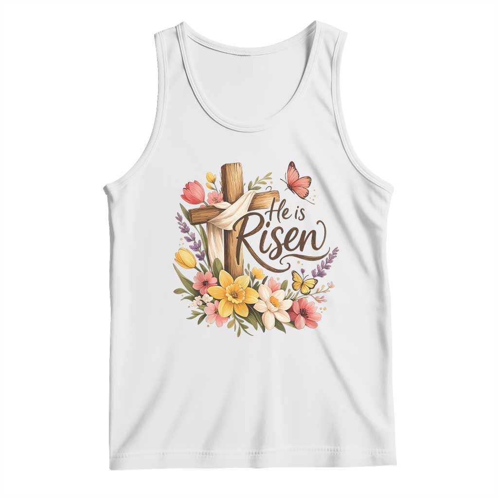 He Is Risen Floral Cross Christian Easter Tank Top Spring Flowers Butterfly Faith Inspirational Gift