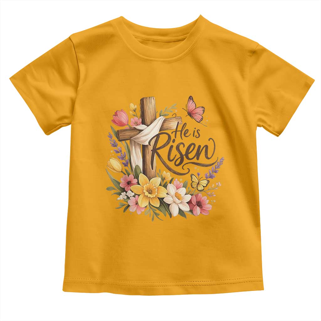 He Is Risen Floral Cross Christian Easter Toddler T Shirt Spring Flowers Butterfly Faith Inspirational Gift