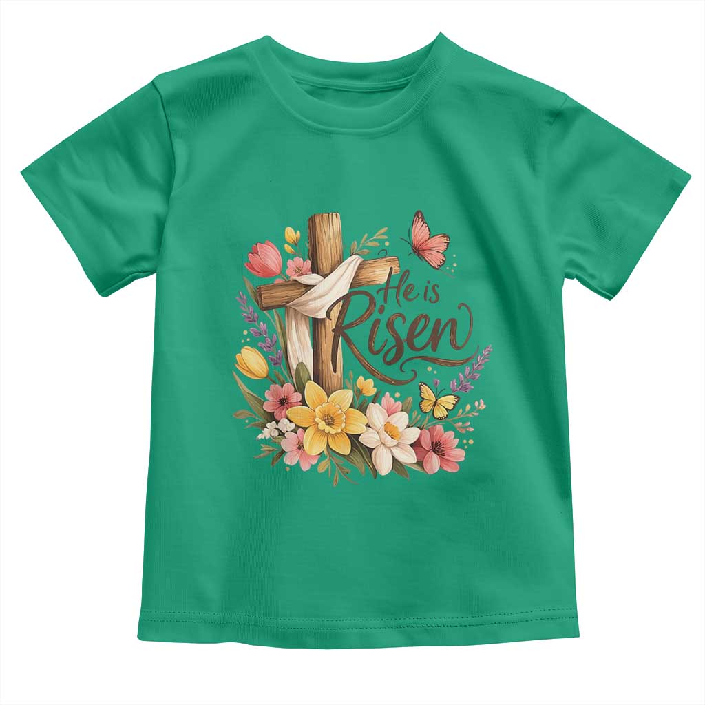 He Is Risen Floral Cross Christian Easter Toddler T Shirt Spring Flowers Butterfly Faith Inspirational Gift