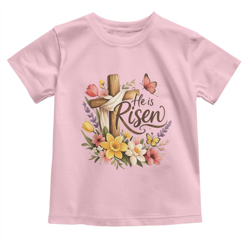 He Is Risen Floral Cross Christian Easter Toddler T Shirt Spring Flowers Butterfly Faith Inspirational Gift