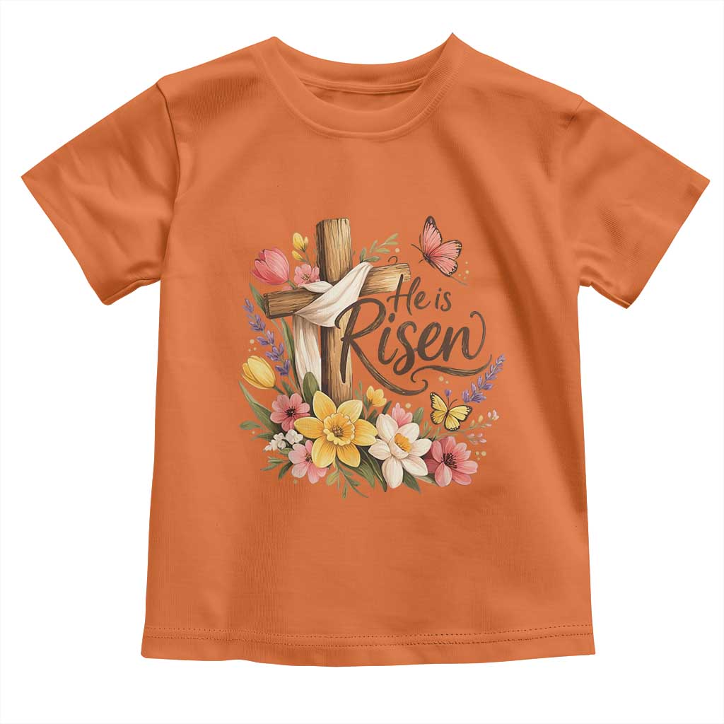 He Is Risen Floral Cross Christian Easter Toddler T Shirt Spring Flowers Butterfly Faith Inspirational Gift