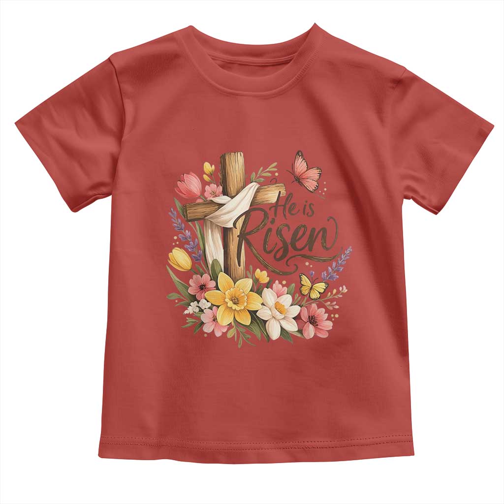 He Is Risen Floral Cross Christian Easter Toddler T Shirt Spring Flowers Butterfly Faith Inspirational Gift