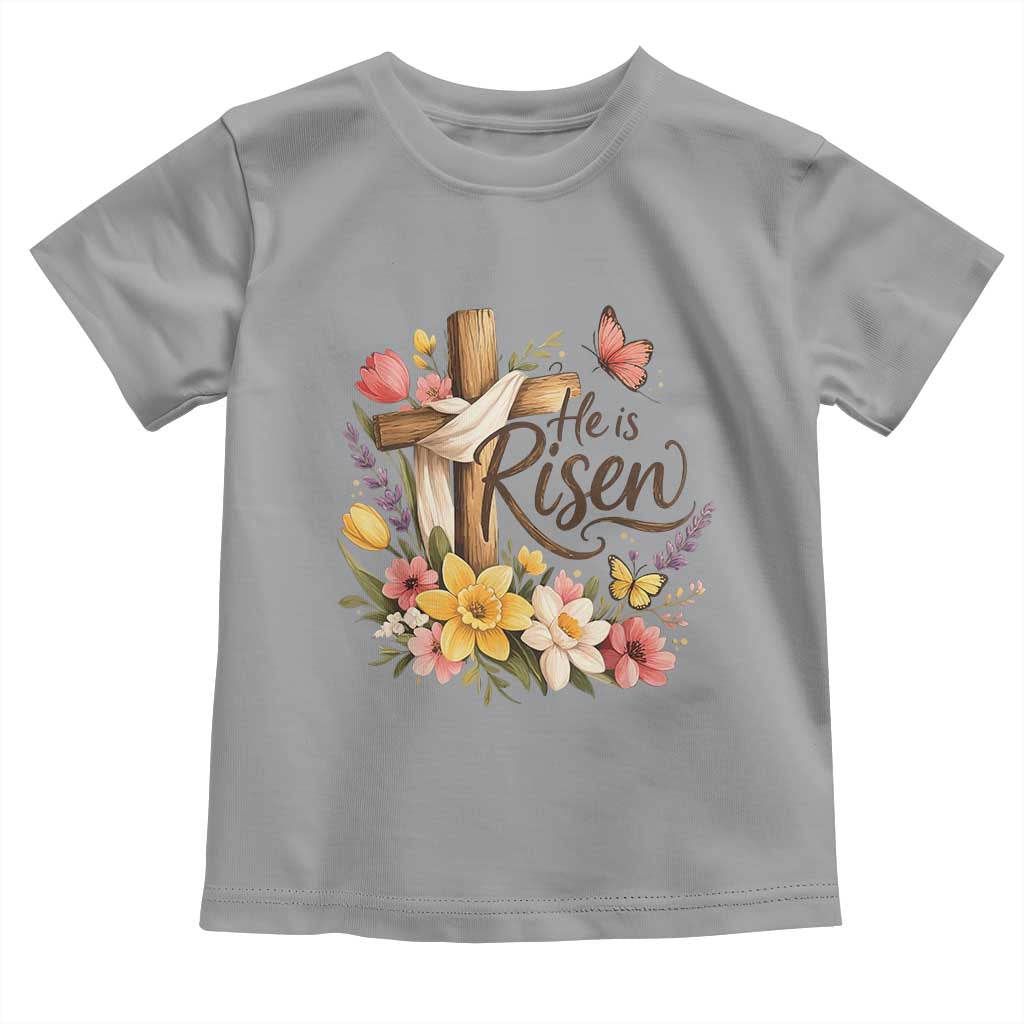 He Is Risen Floral Cross Christian Easter Toddler T Shirt Spring Flowers Butterfly Faith Inspirational Gift