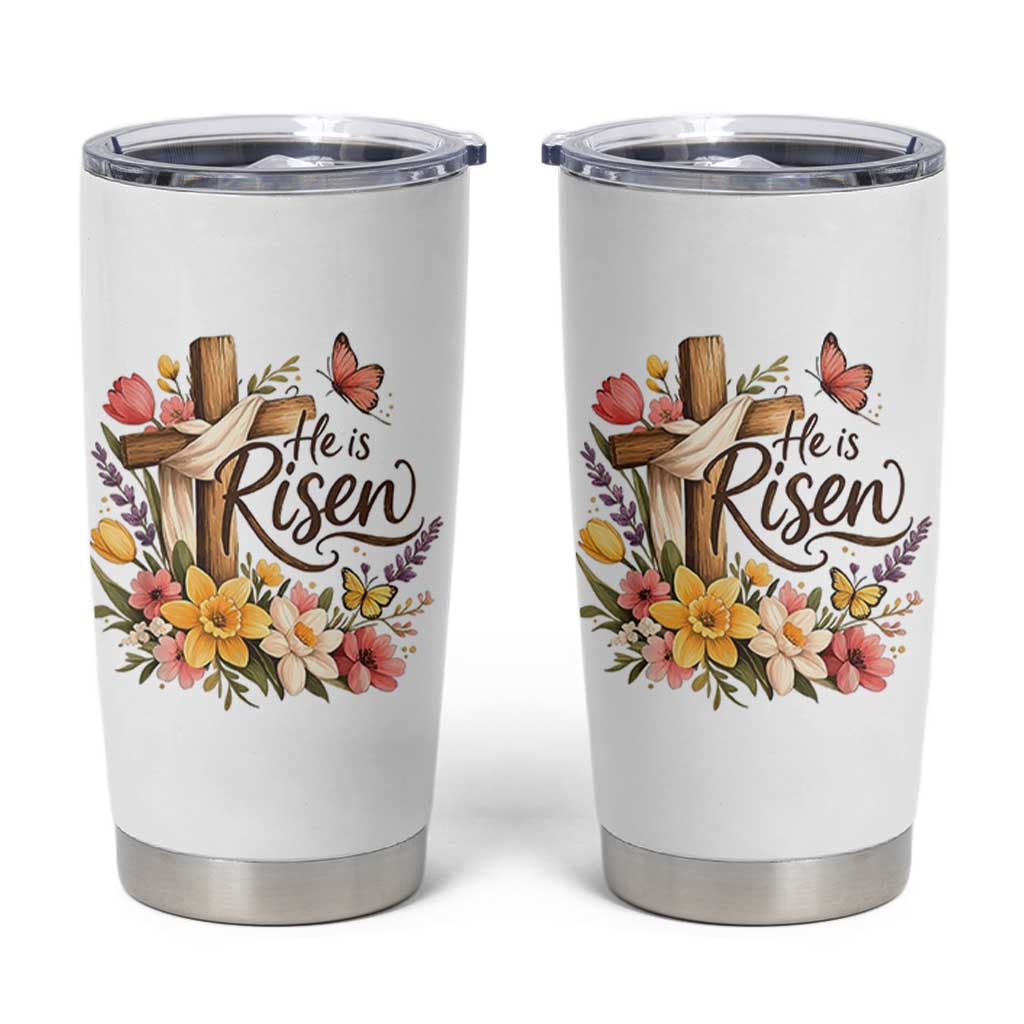 He Is Risen Floral Cross Christian Easter Tumbler Cup Spring Flowers Butterfly Faith Inspirational Gift