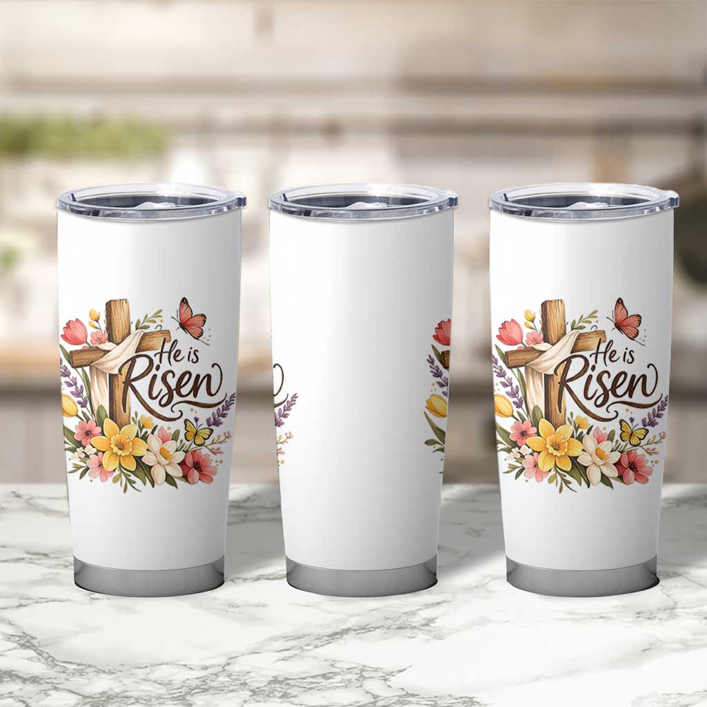 He Is Risen Floral Cross Christian Easter Tumbler Cup Spring Flowers Butterfly Faith Inspirational Gift