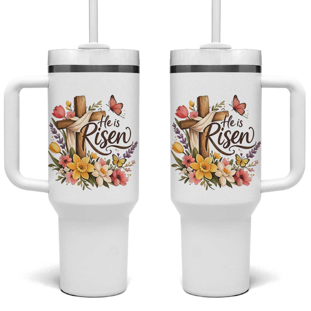 He Is Risen Floral Cross Christian Easter Tumbler With Handle Spring Flowers Butterfly Faith Inspirational Gift