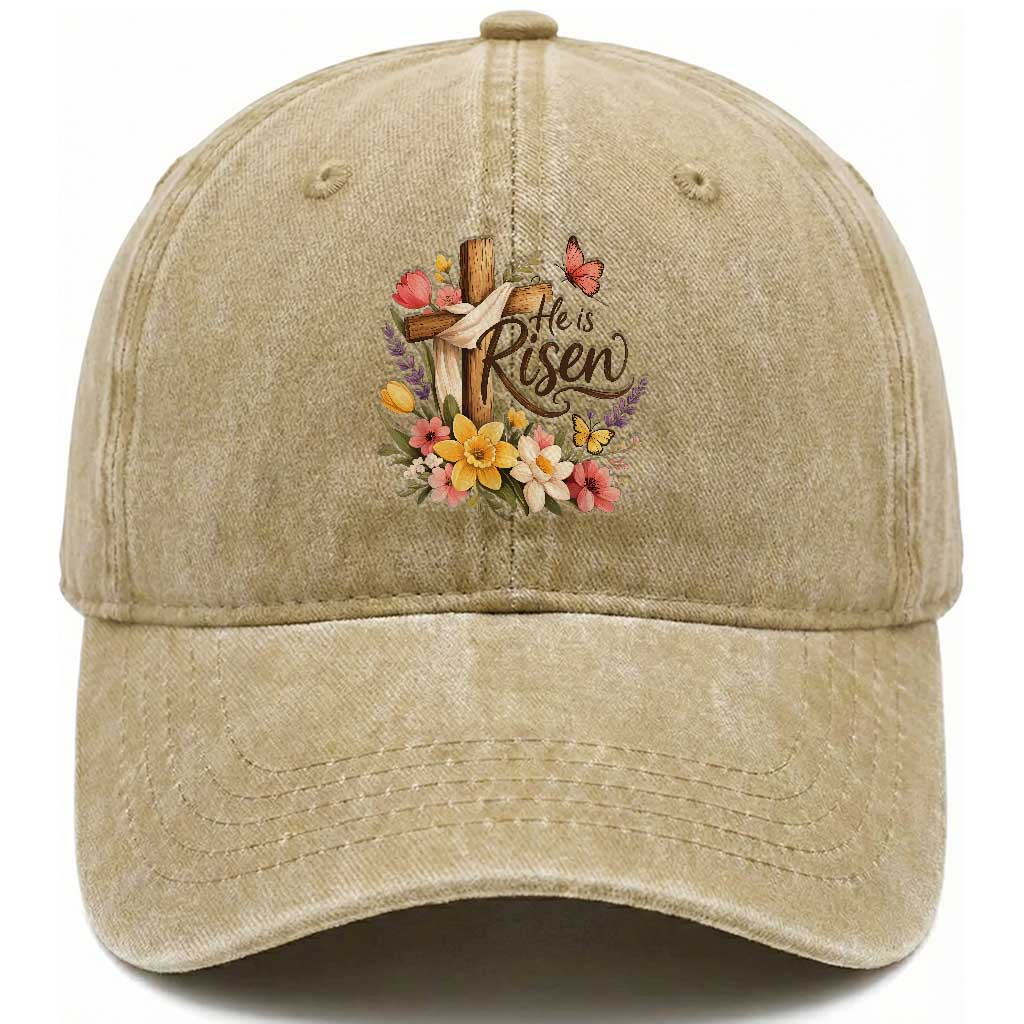 He Is Risen Floral Cross Christian Easter Washed Cotton Baseball Cap Spring Flowers Butterfly Faith Inspirational Gift