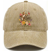 He Is Risen Floral Cross Christian Easter Washed Cotton Baseball Cap Spring Flowers Butterfly Faith Inspirational Gift