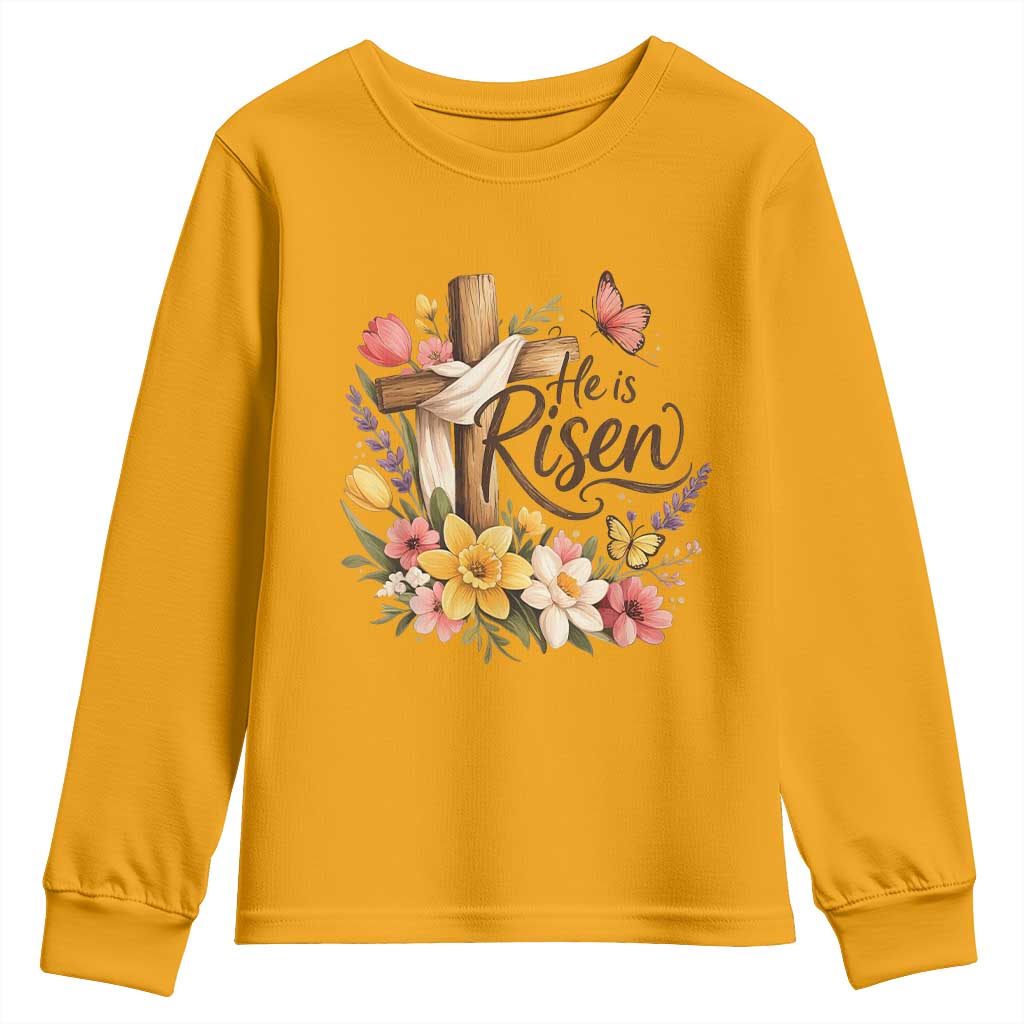 He Is Risen Floral Cross Christian Easter Youth Sweatshirt Spring Flowers Butterfly Faith Inspirational Gift