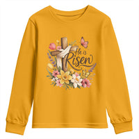 He Is Risen Floral Cross Christian Easter Youth Sweatshirt Spring Flowers Butterfly Faith Inspirational Gift