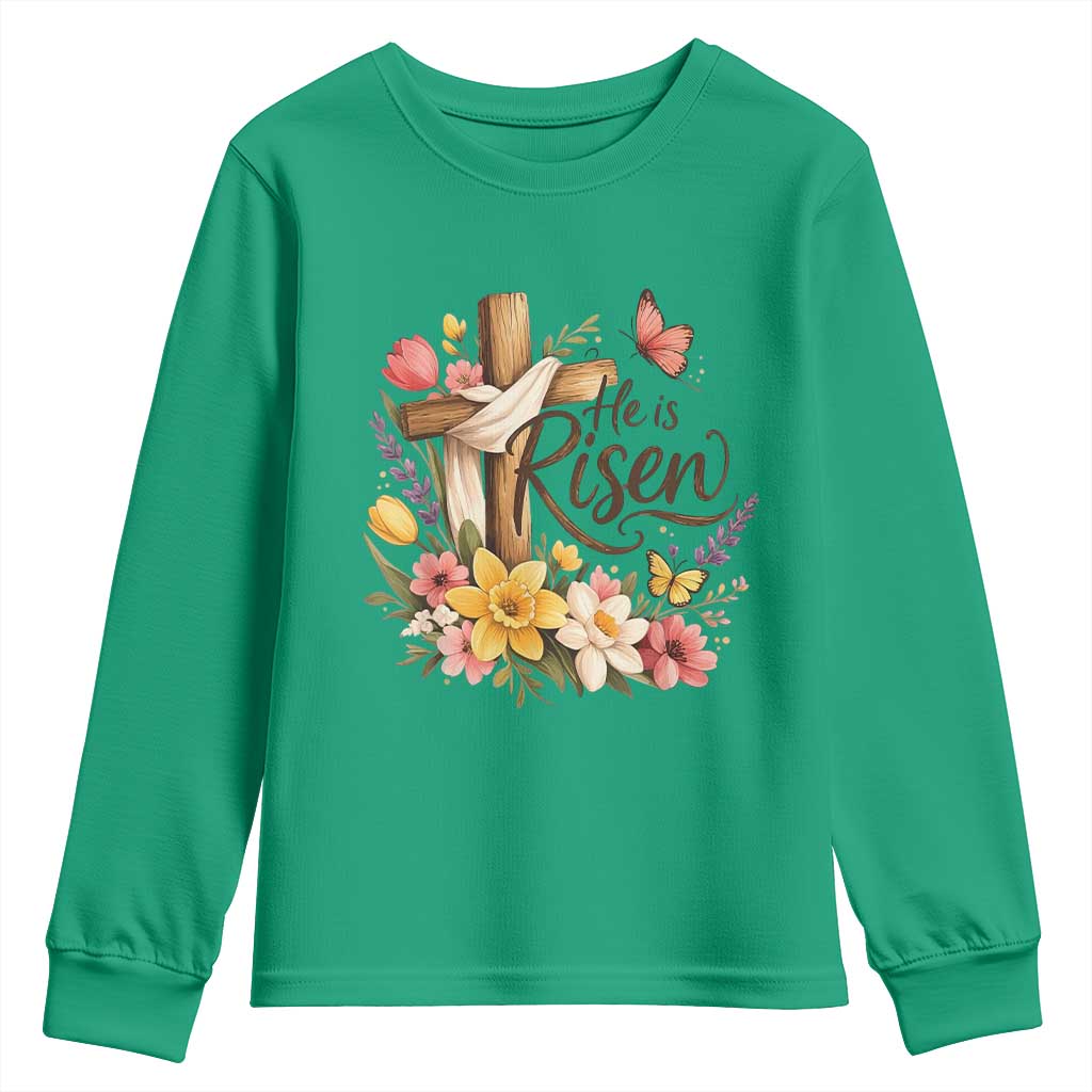 He Is Risen Floral Cross Christian Easter Youth Sweatshirt Spring Flowers Butterfly Faith Inspirational Gift