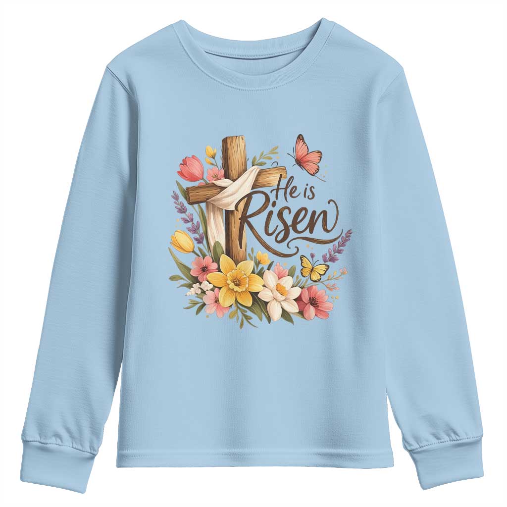 He Is Risen Floral Cross Christian Easter Youth Sweatshirt Spring Flowers Butterfly Faith Inspirational Gift