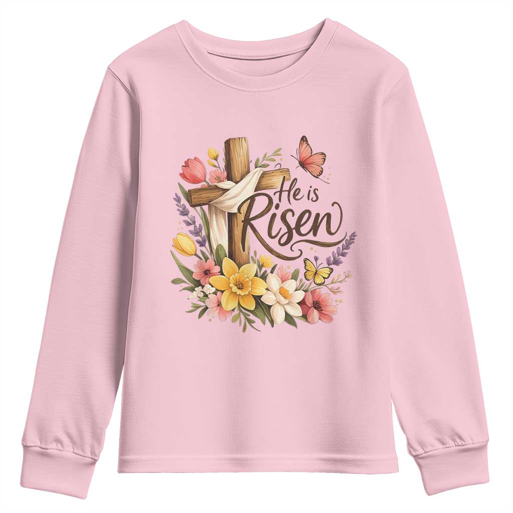 He Is Risen Floral Cross Christian Easter Youth Sweatshirt Spring Flowers Butterfly Faith Inspirational Gift