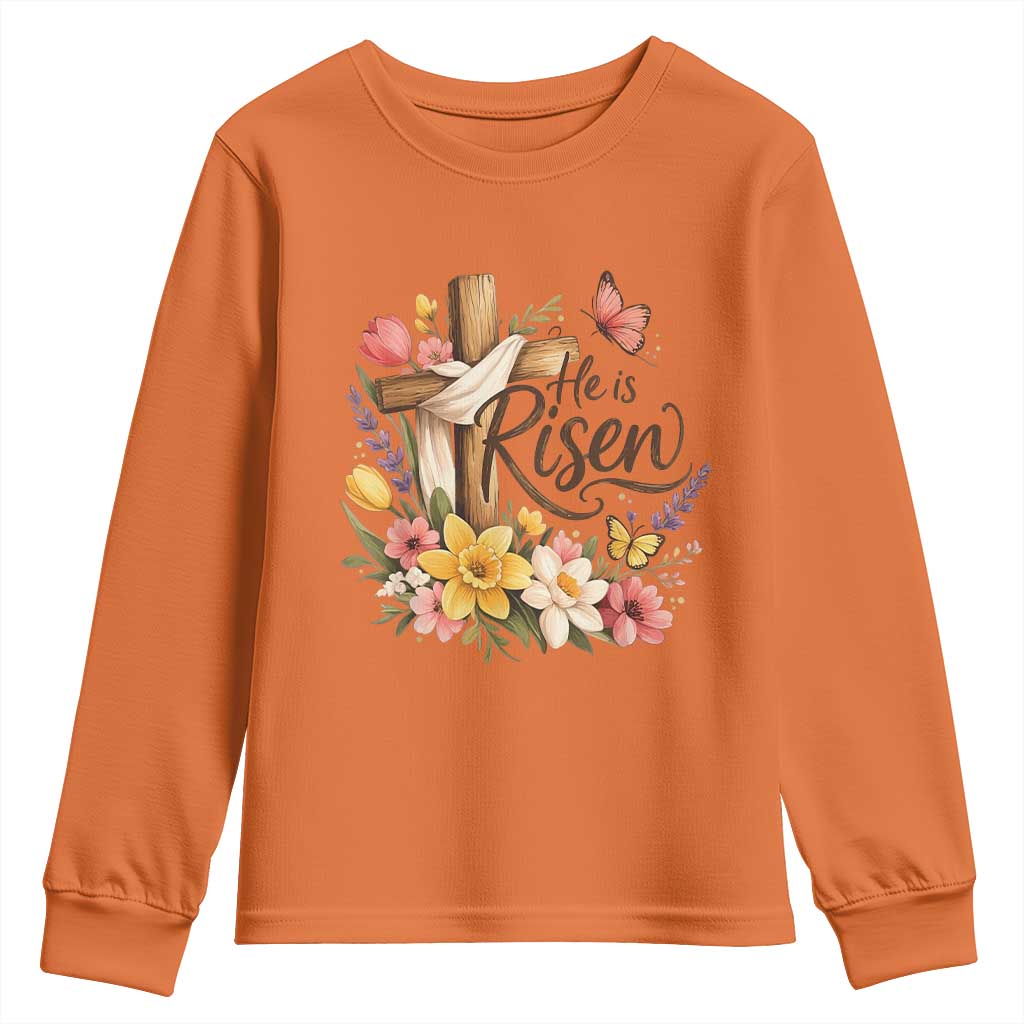 He Is Risen Floral Cross Christian Easter Youth Sweatshirt Spring Flowers Butterfly Faith Inspirational Gift