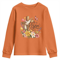 He Is Risen Floral Cross Christian Easter Youth Sweatshirt Spring Flowers Butterfly Faith Inspirational Gift