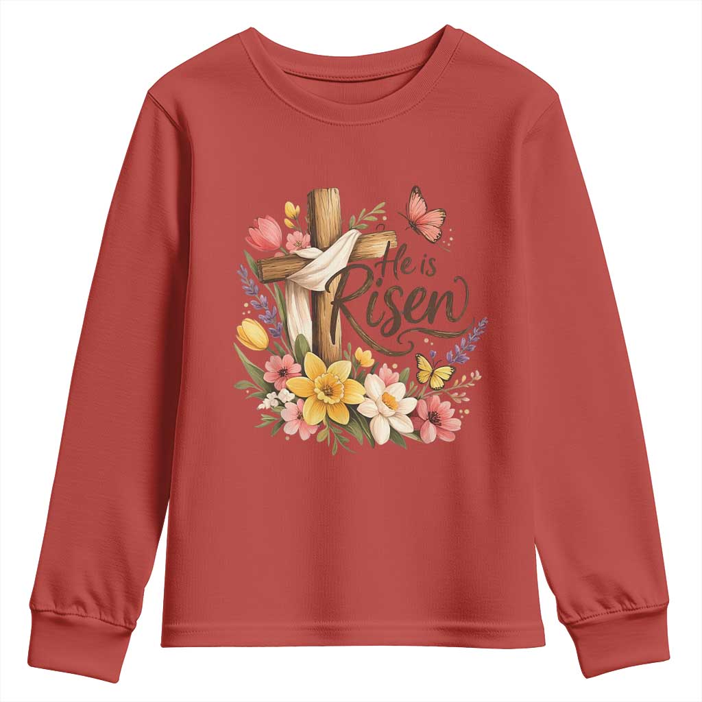 He Is Risen Floral Cross Christian Easter Youth Sweatshirt Spring Flowers Butterfly Faith Inspirational Gift