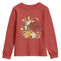 He Is Risen Floral Cross Christian Easter Youth Sweatshirt Spring Flowers Butterfly Faith Inspirational Gift