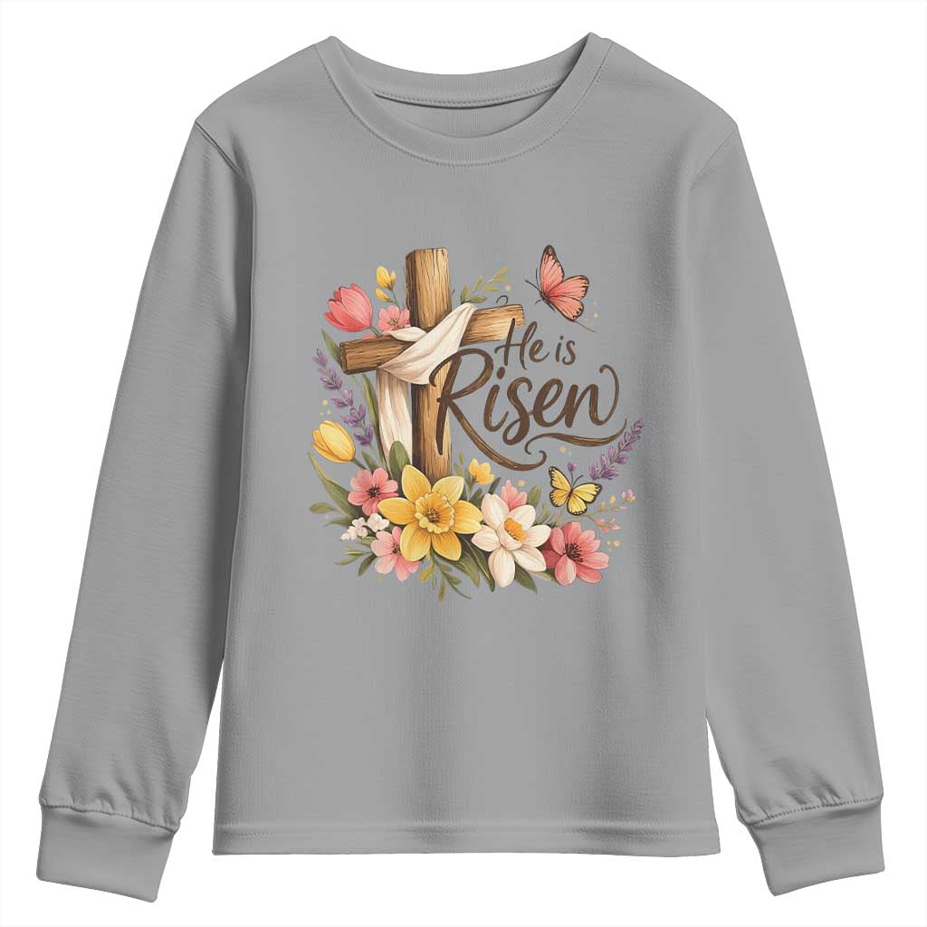 He Is Risen Floral Cross Christian Easter Youth Sweatshirt Spring Flowers Butterfly Faith Inspirational Gift