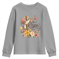 He Is Risen Floral Cross Christian Easter Youth Sweatshirt Spring Flowers Butterfly Faith Inspirational Gift