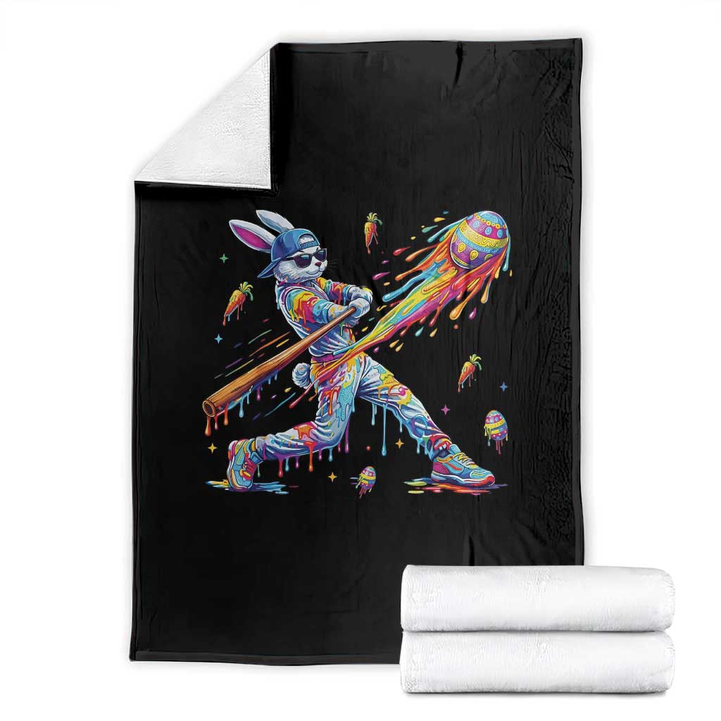 Cool Easter Bunny Baseball Player Neon Paint Splash Graphic Throw Blanket Funny Rabbit Sports with Egg Bat Hit Gift