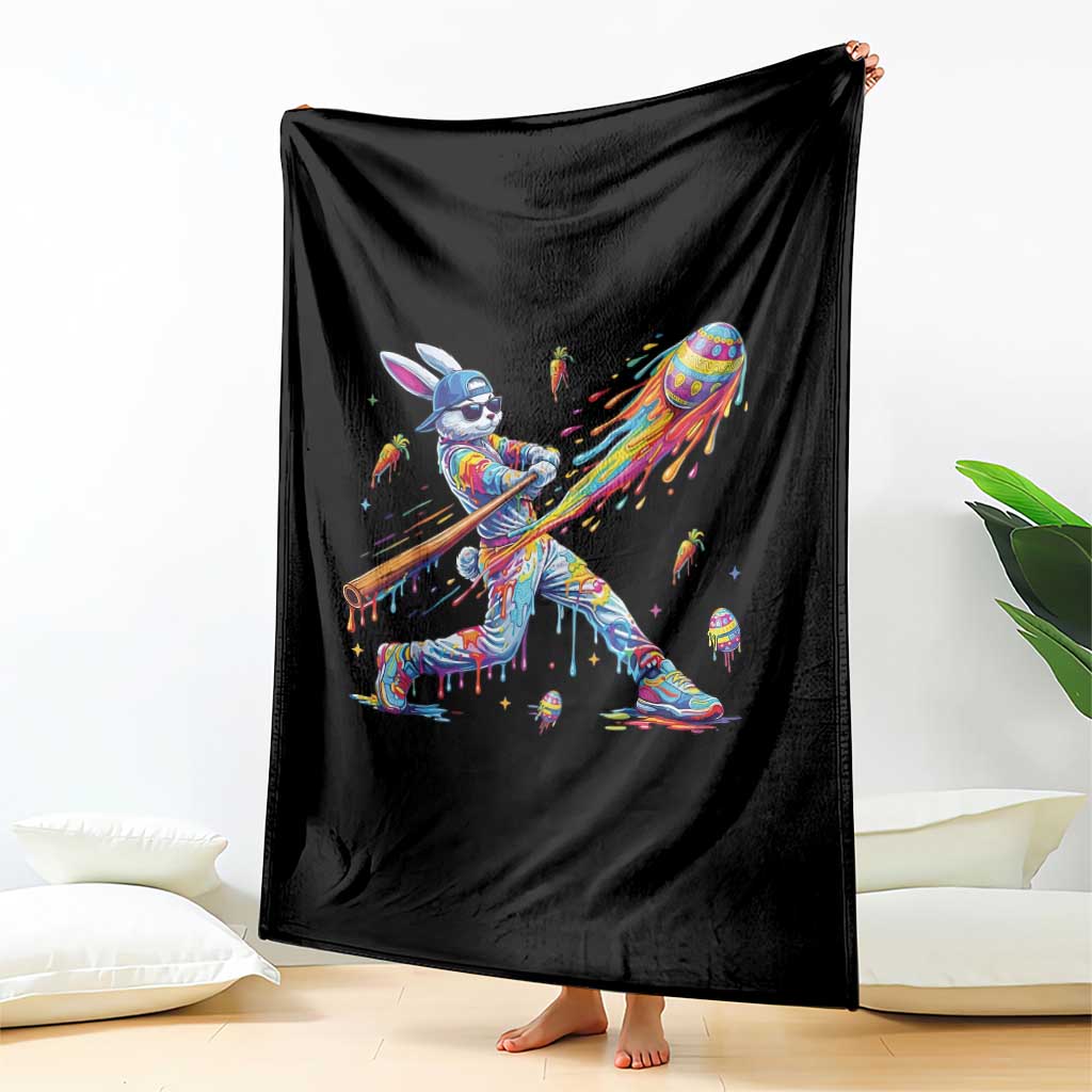 Cool Easter Bunny Baseball Player Neon Paint Splash Graphic Throw Blanket Funny Rabbit Sports with Egg Bat Hit Gift