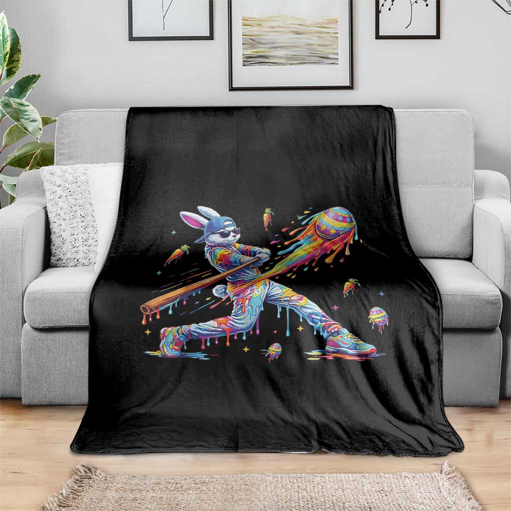 Cool Easter Bunny Baseball Player Neon Paint Splash Graphic Throw Blanket Funny Rabbit Sports with Egg Bat Hit Gift