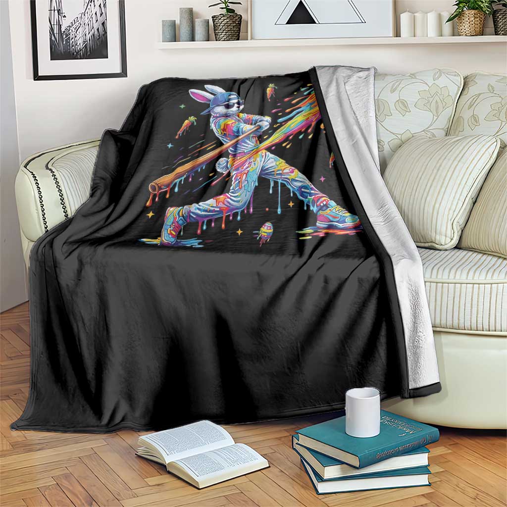 Cool Easter Bunny Baseball Player Neon Paint Splash Graphic Throw Blanket Funny Rabbit Sports with Egg Bat Hit Gift