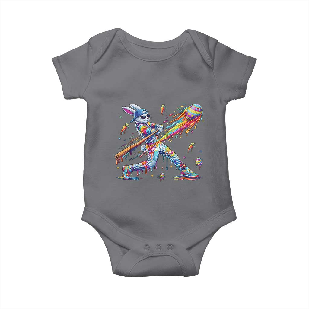 Cool Easter Bunny Baseball Player Neon Paint Splash Graphic Baby Onesie Funny Rabbit Sports with Egg Bat Hit Gift