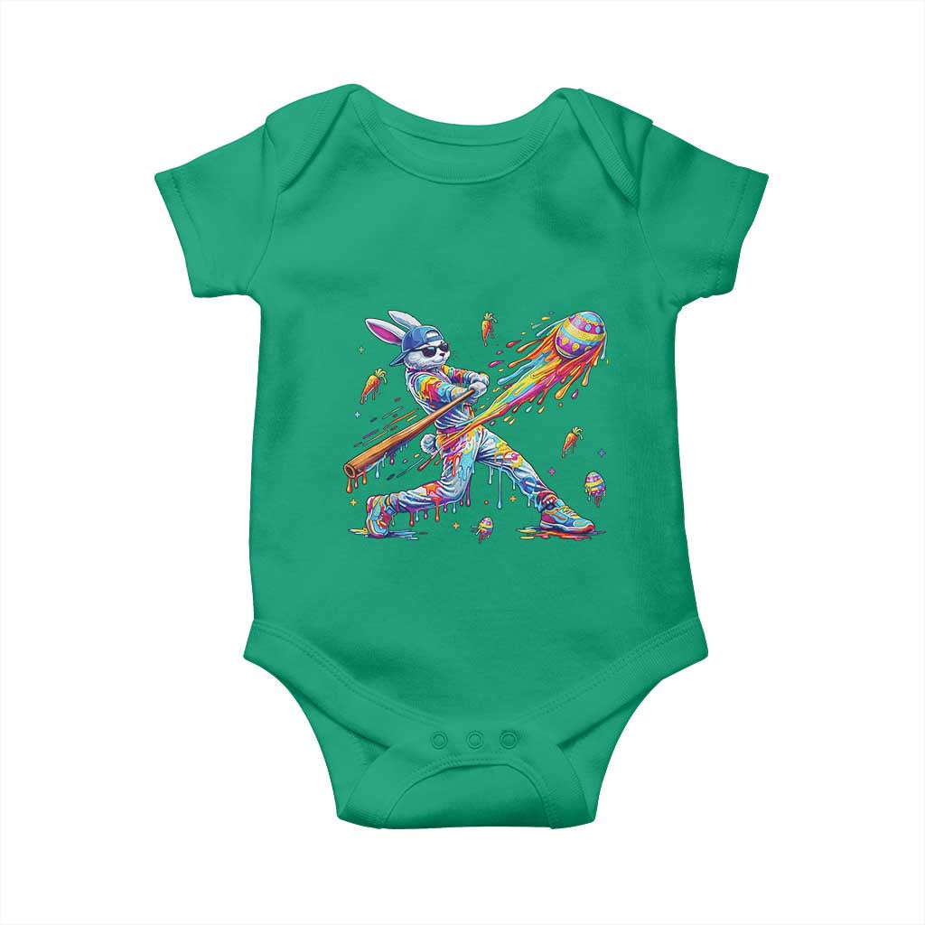 Cool Easter Bunny Baseball Player Neon Paint Splash Graphic Baby Onesie Funny Rabbit Sports with Egg Bat Hit Gift